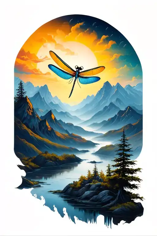 Mountains And Dragonfly Hovering