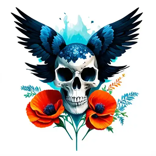 Poppy Flower Crow Skull