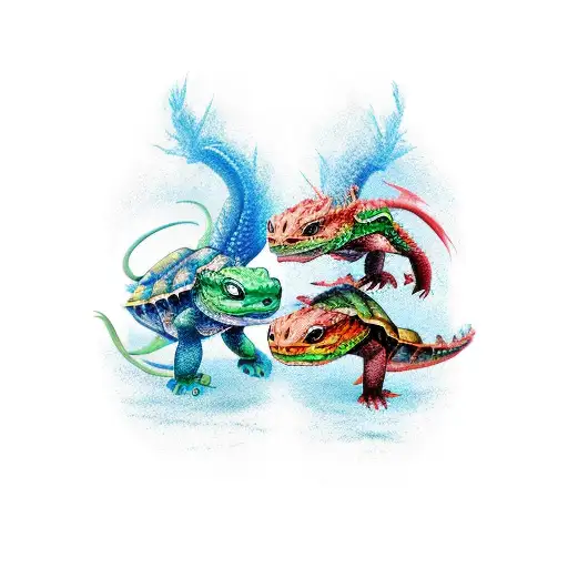 Two Dragons Fighting Over A Lady Turtle