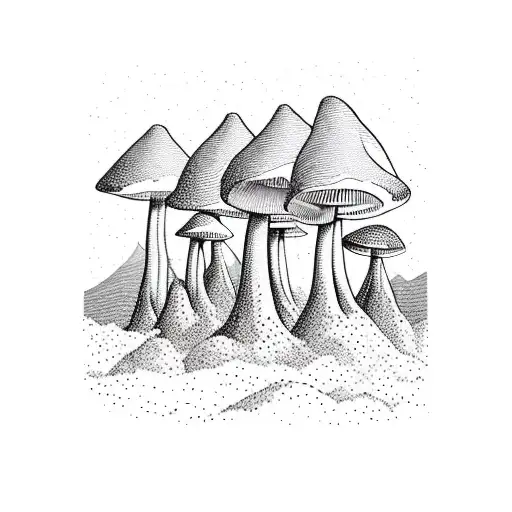 A Mushroom Forest With A Mountain Range In The Background