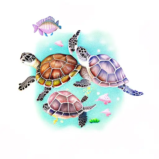 Sea Turtle Momma With Babies