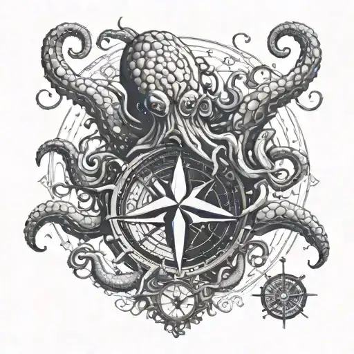 A Large Kraken Coming Out Of The Sea With A Nautical Compass Rose In Its Tentacles