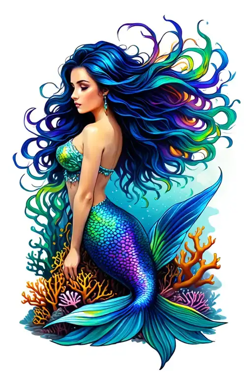 A Beautiful Mermaid With Flowing Iridescent Hair Sits On A Coral Reef