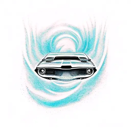 A Dotwork Tattoo Of A Muscle Car Racing Through A Wave