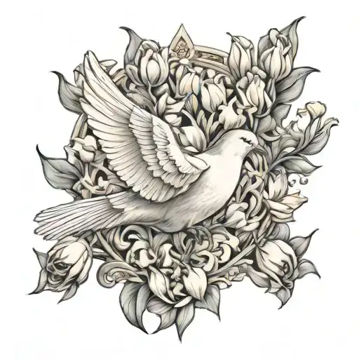 Dove With Tulips Flying To The Gates Of Heaven