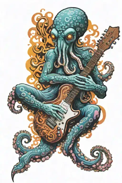 A Psychedelic Octopus Playing A Guitar Surrounded By Swirling Wind And Fire Elements