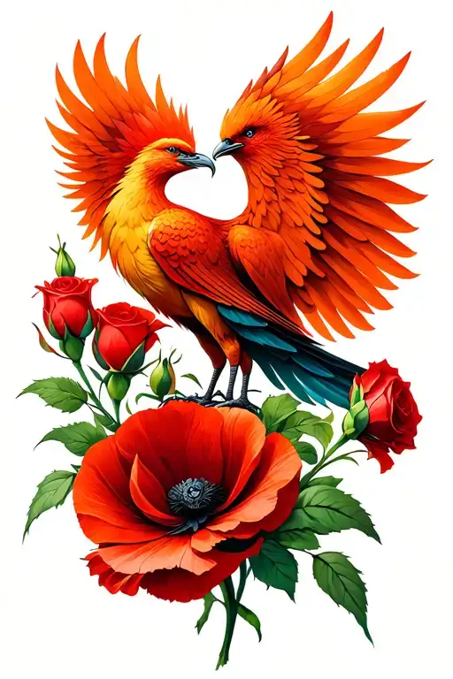 Red Orange Phoenix Standing On Poppy Flower A Gladiolus Flower And Red Roses