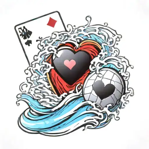 Volleyball With Ace Of Hearts Playing Card And A Wave Crashing