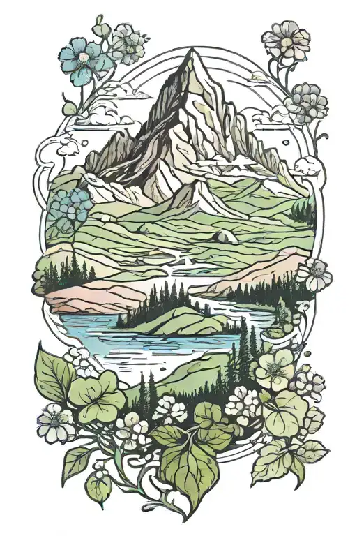Scenic Mountain Landscape Tattoo Featuring Elements And Clover Field