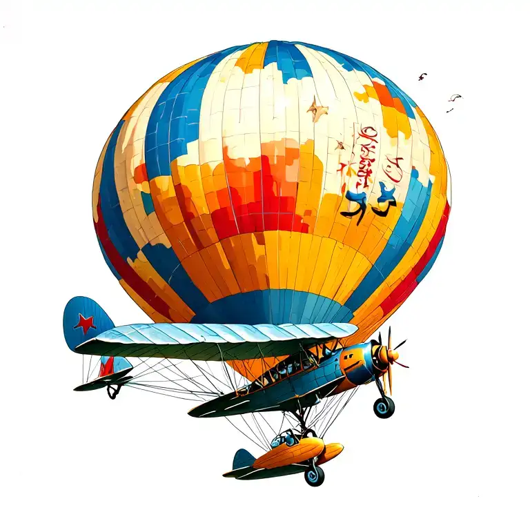 Biplane And Hot Air Balloon Flying Beside Each Other