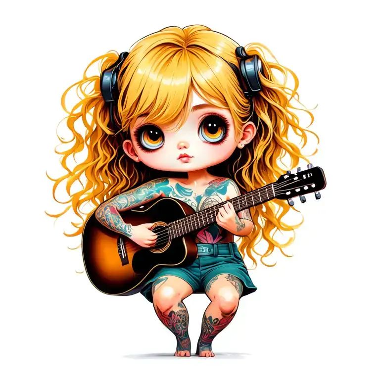 Blonde Chibi Girl With Messy Hair Playing Acoustic Guitar With