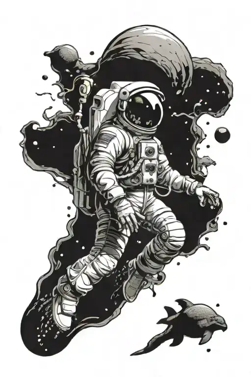 Astronaut Floating In Space But It's Under Water With Deep Sea Creature Aliens