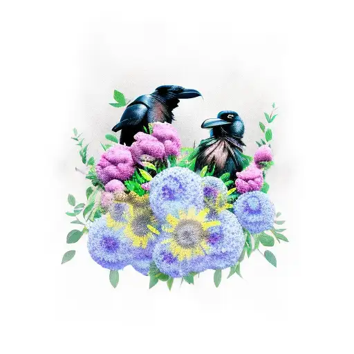 Raven And Cradinal With Flowers