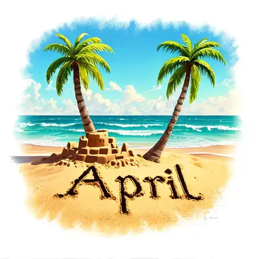 A Beach With Palm Trees And Sand Castle With April Written In Sand