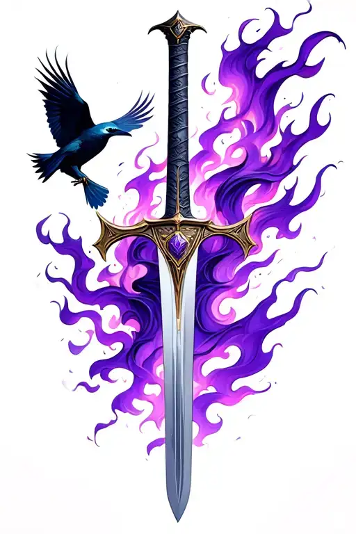 Knight Sword With Purple Flames And Crows Flying
