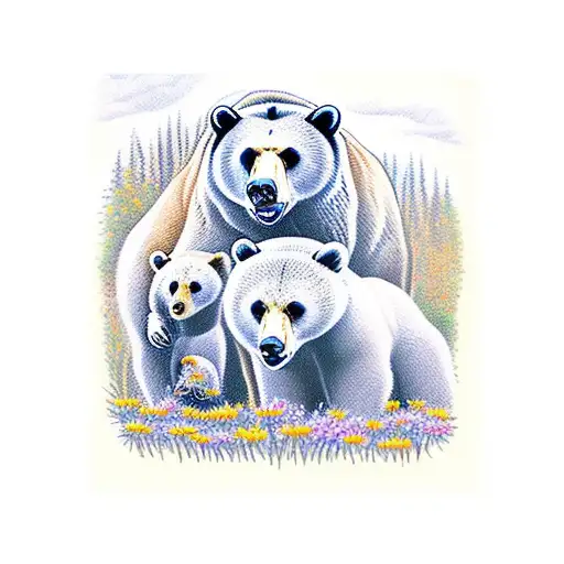 A Mother Russian Bear And Her Cubs Playing In A Field Of Wildflowers