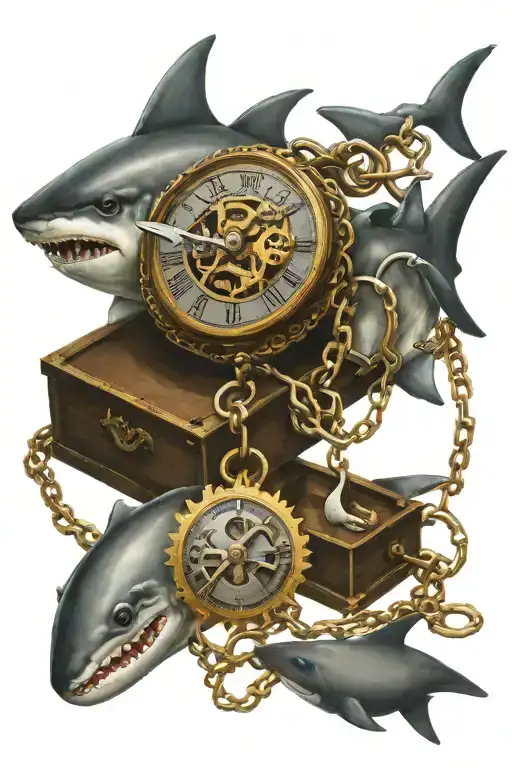 Old Key Attched To A Mechanical Pocket Watch And Chain And A Shark Tooth