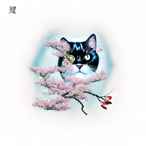 Black Cat With Cherry Blossom