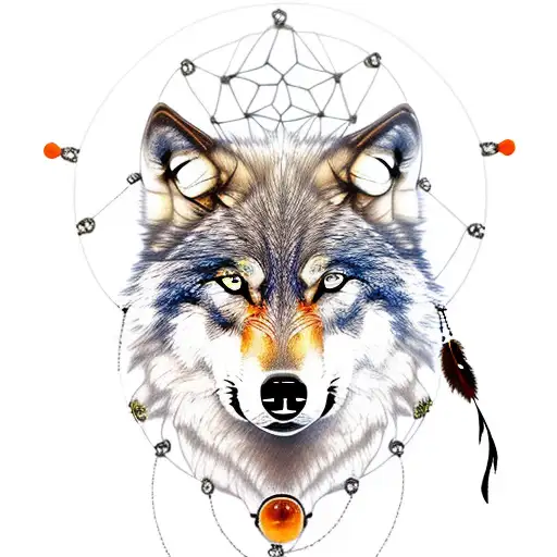 Wolf Head Thats Half Brown With An Amber Eye And Have Black With A Red Eye With A Dream Catcher