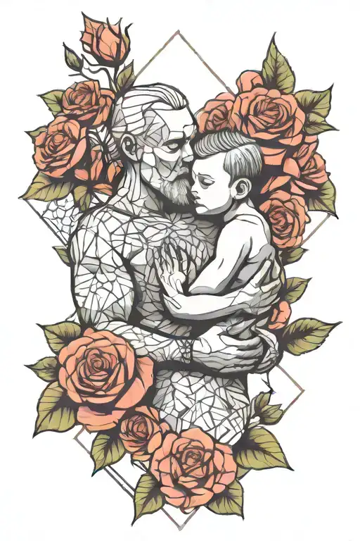 Geometric Patterns With Roses And Father And Child Embracing Eachother