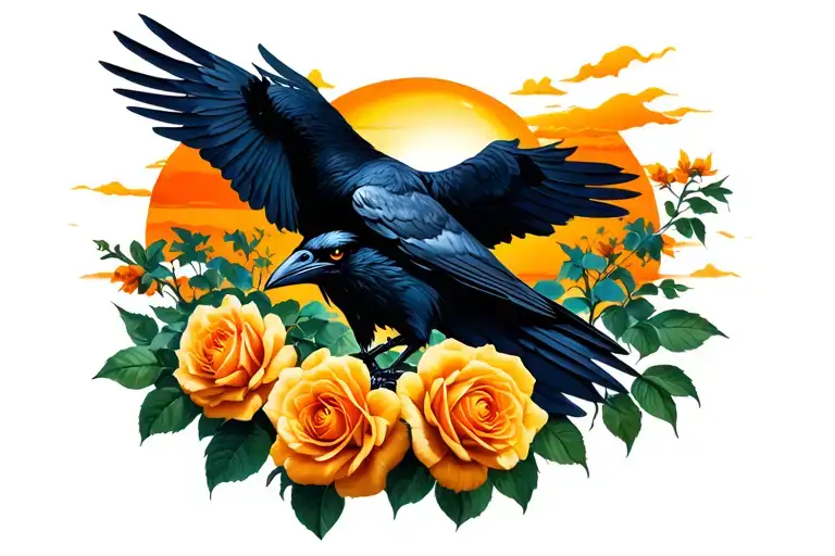 Raven In Sunset With Yellow Eyes And Orangish Uellow Rosses