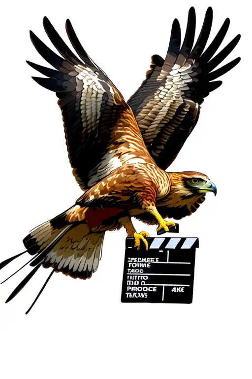 Red Tail Hawk In Flight Holding A Movie Clap Board In Its Talens