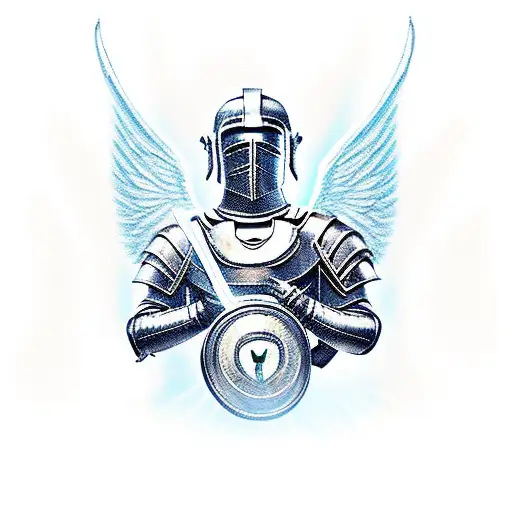 Guardian Angel With Spartan Helmet Holding Shield And Sword And Wrapped In Lightening