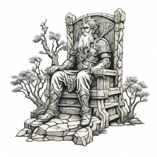 Back Tatto From Yggdrassil And Odin Sitting On A Throne Of Stones At The Roots