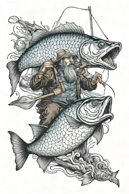 A Tattoo Design Of A Singing Fisherman With A Mythical Creature Hooking A Giant Fish In A River