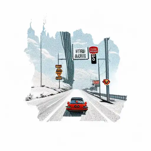 A Road Trip Scene With A Classic Car Driving Through Various Music Genres