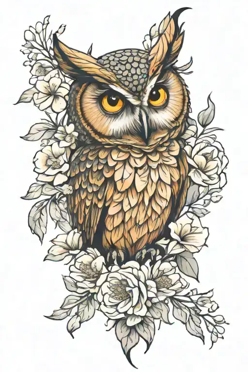 Owl With Captivating Eyes Surrounded By Flowers