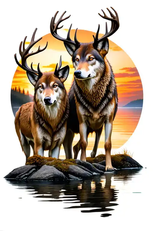 Wolves Protecting A Deer By The Water Lake With The Sunset
