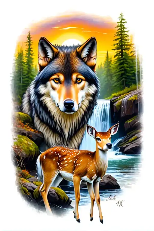 Wolves Protecting A Baby Deer By The Waterfall With The Sunset