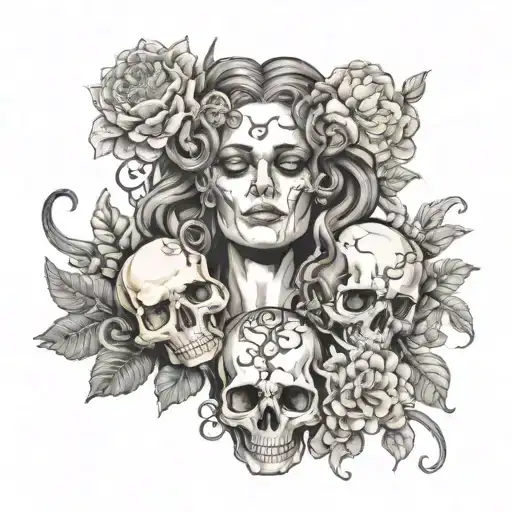 Medusa With Two Sets Of Eyes Holding A Skull Surrounded By Flowers