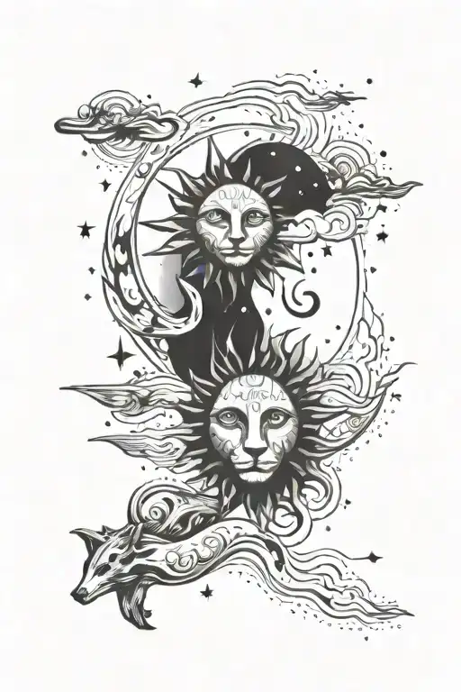 A Sun And Moon Merging Together With Animal Constellations