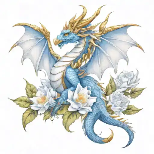 Gold And White Angelic Dragon With Flowers Growin