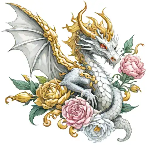 Gold And White Angelic Dragon With Flowers Growin