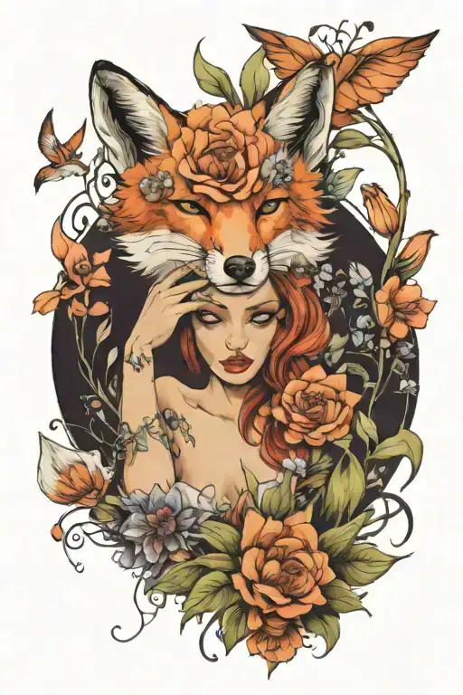 Lady And Fox And Flowers