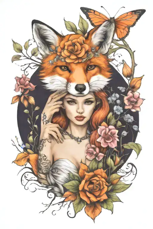 Lady And Fox And Flowers