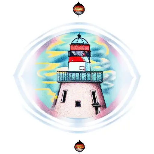 An Indoor Soccer Field With A Lighthouse In The Background