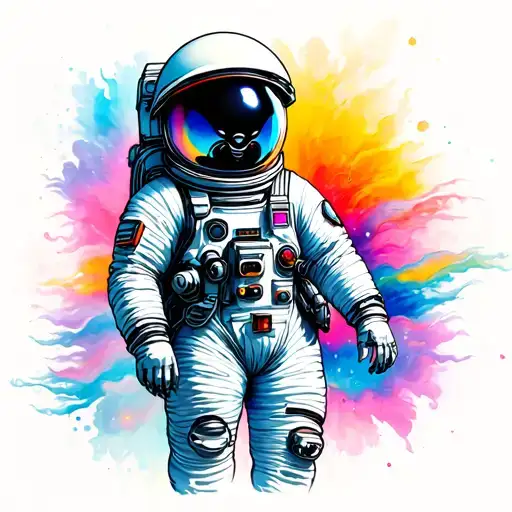 Woman's Leg Side Colorful Tattoo With Astronaut And Alien