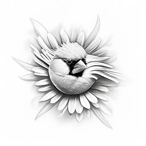 Red Cardinal With Aster Flower