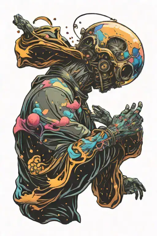 Man With No Head Holding Hands Up As Head Floats Away To Space