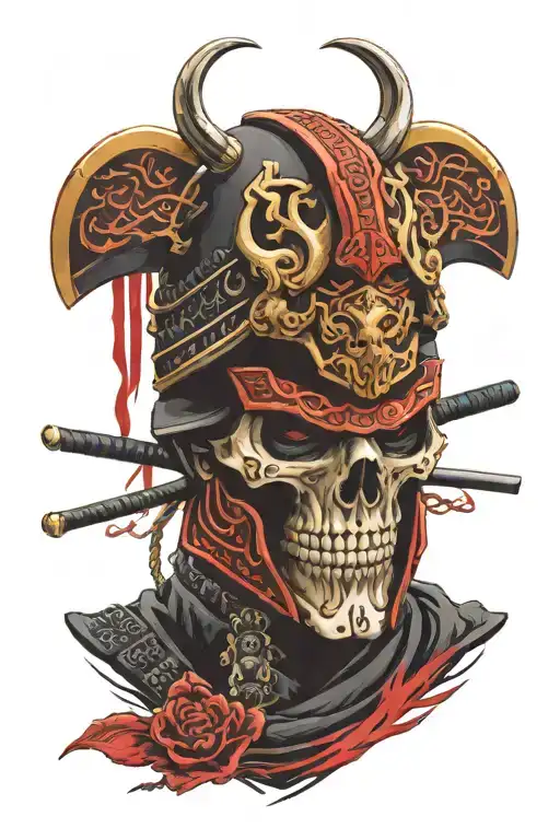 Skull Face Samurai With Red And Black Armour