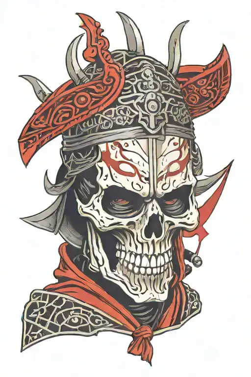 Skull Face Samurai With Red And Black Armour