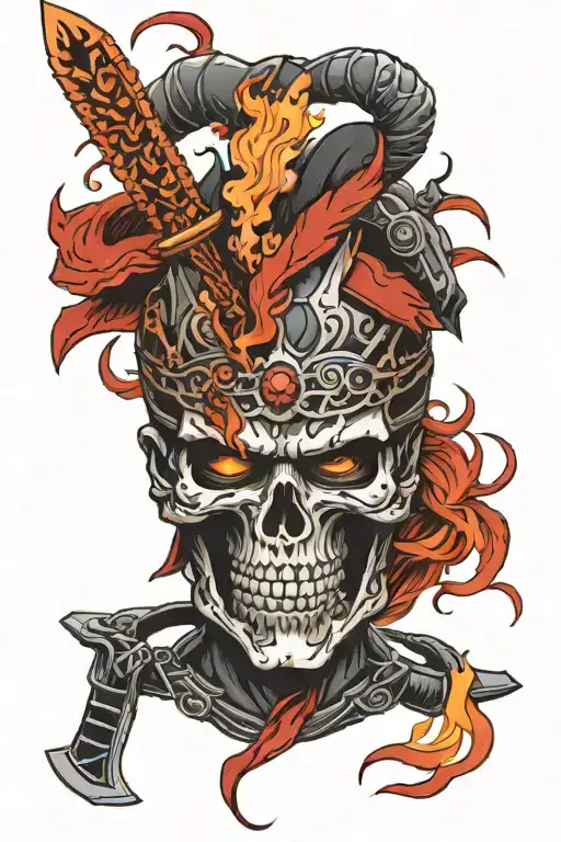 Flaming Skull Head Samurai Warrior Black And Red