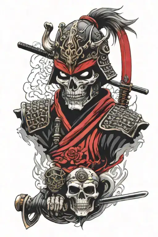 Skull Face Samurai With Red And Black Armour