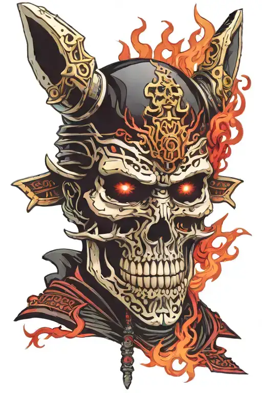 Skull Face Samurai With Red And Black Armour And Flame Eyes