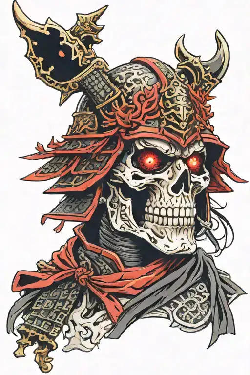 Skull Face Samurai With Red And Black Armour And Flame Eyes