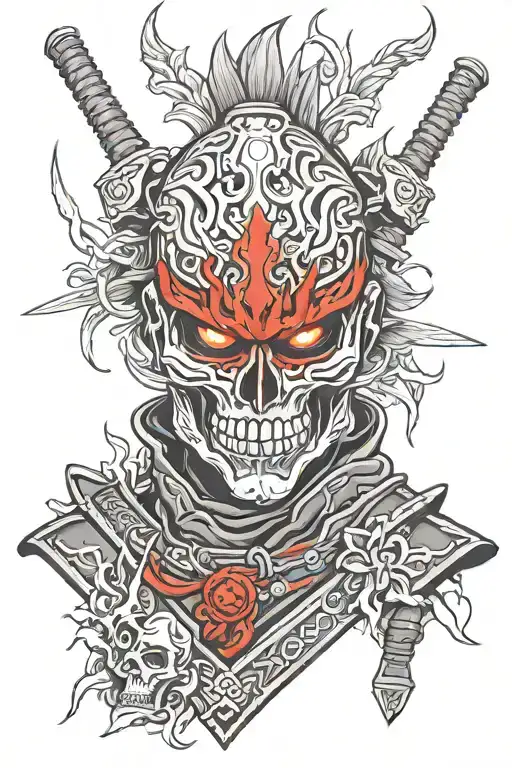 Skull Face Samurai With Red And Black Armour And Flame Eyes